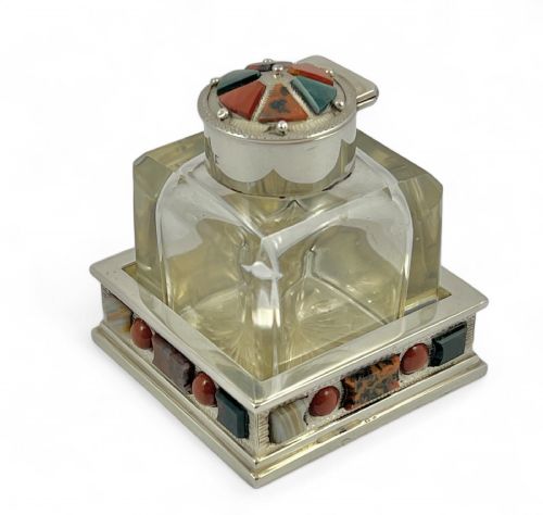 Victorian Antique Silver and Agate Inkwell, Birmingham 1901