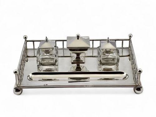 VICTORIAN ANTIQUE SILVER DESK INKWELL SET SHEFFIELD 1896 - ADDITIONAL PHOTO 1