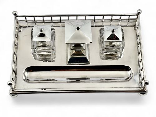 VICTORIAN ANTIQUE SILVER DESK INKWELL SET SHEFFIELD 1896 - ADDITIONAL PHOTO 2