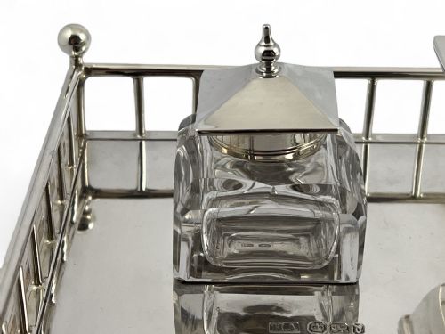 VICTORIAN ANTIQUE SILVER DESK INKWELL SET SHEFFIELD 1896 - ADDITIONAL PHOTO 3