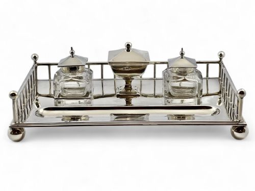 VICTORIAN ANTIQUE SILVER DESK INKWELL SET SHEFFIELD 1896 - ADDITIONAL PHOTO 4