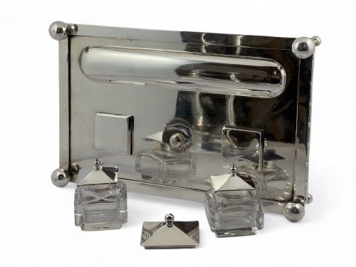 VICTORIAN ANTIQUE SILVER DESK INKWELL SET SHEFFIELD 1896 - ADDITIONAL PHOTO 5