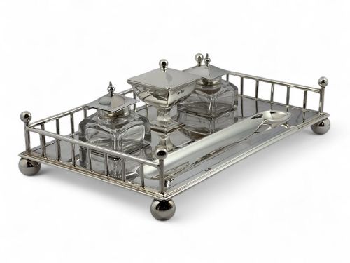 VICTORIAN ANTIQUE SILVER DESK INKWELL SET SHEFFIELD 1896 - ADDITIONAL PHOTO 6
