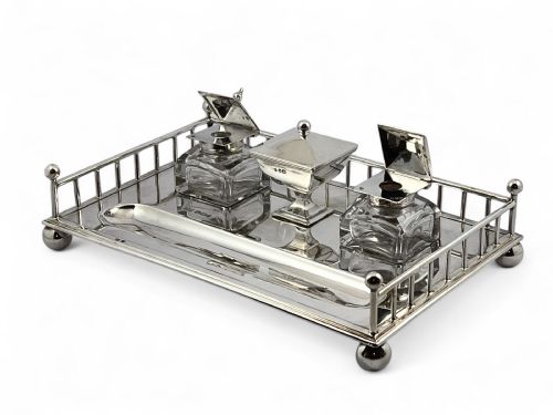VICTORIAN ANTIQUE SILVER DESK INKWELL SET SHEFFIELD 1896 - ADDITIONAL PHOTO 7