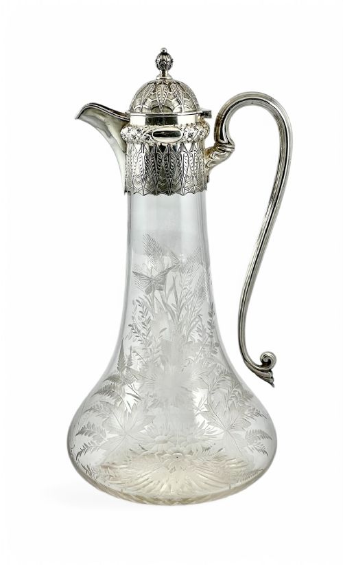 VICTORIAN ANTIQUE SILVER AND GLASS DECANTER BIRMINGHAM 1876