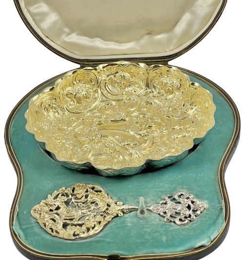 Victorian Antique Silver Gilt Cased Sugar Bowl and Spoon, London 1893