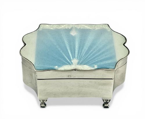 ART DECO ANTIQUE SILVER AND BLUE ENAMEL JEWELLERY BOX BIRMINGHAM 1934