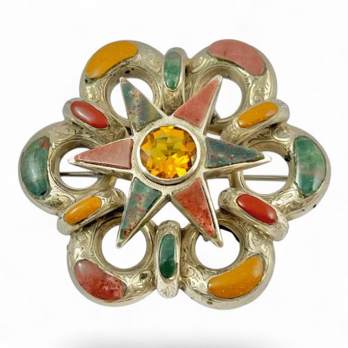Scottish Victorian antique silver, agate and citrine brooch, c1860