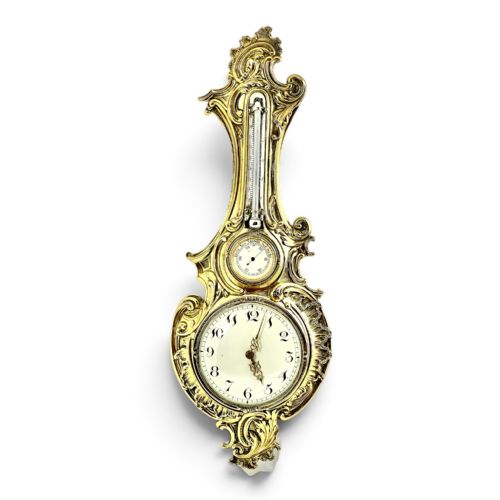 Victorian Antique Silver Gilt Barometer, Thermometer and Clock Station, London 1890