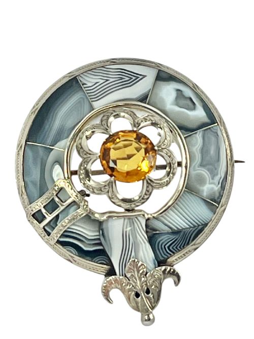 Victorian Antique Silver, Montrose Agate and Citrine Brooch, C.1880
