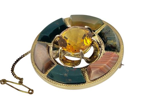 Victorian Antique 18ct Gold, Citrine and Agate Brooch, C.1880