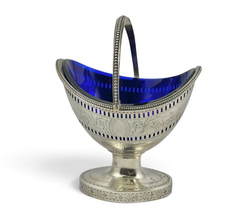 George III Antique Silver and Blue Glass Sugar Basin, London 1785