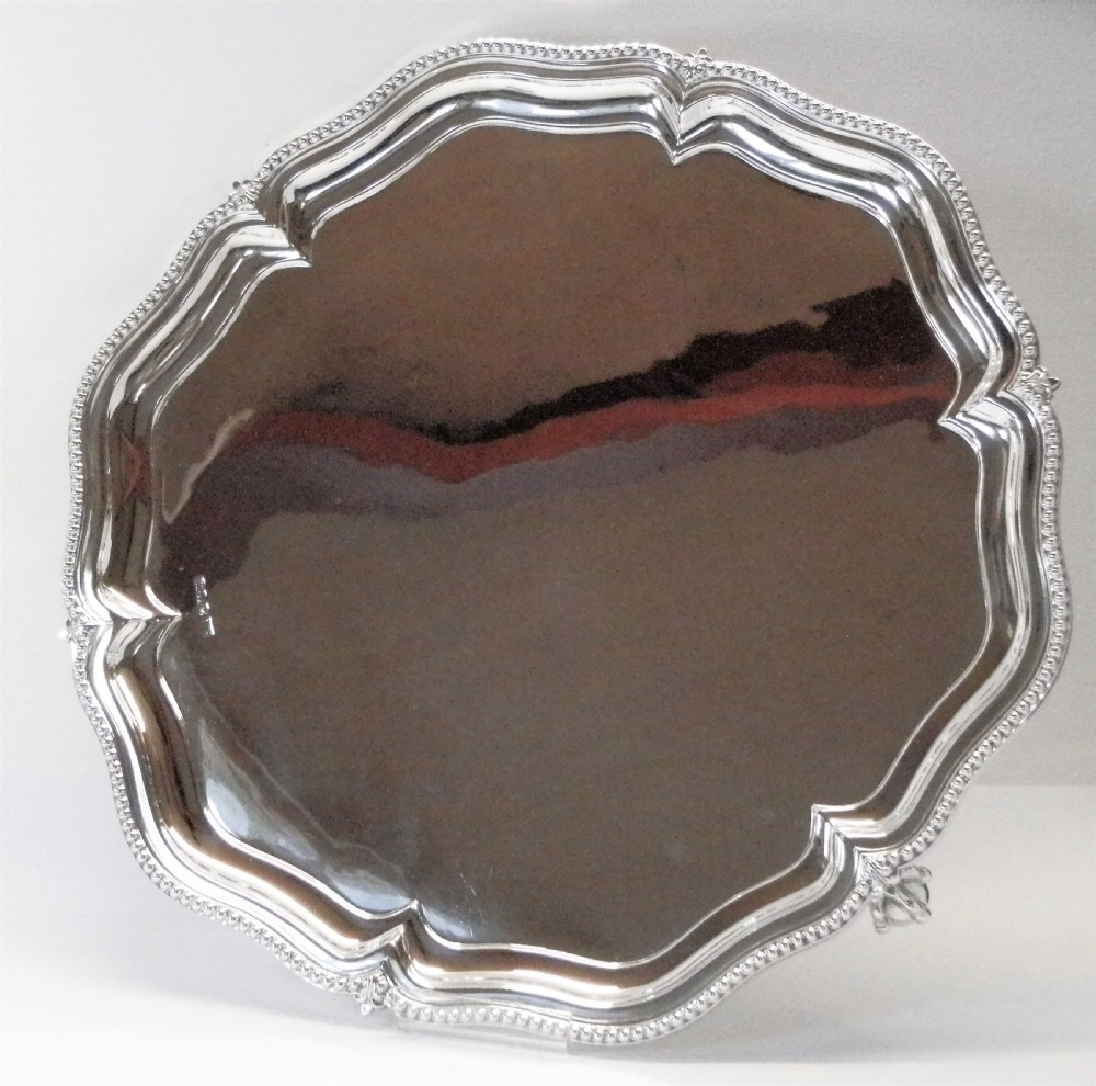 Edwardian large silver pie crust salver, Walker & Hall 1904