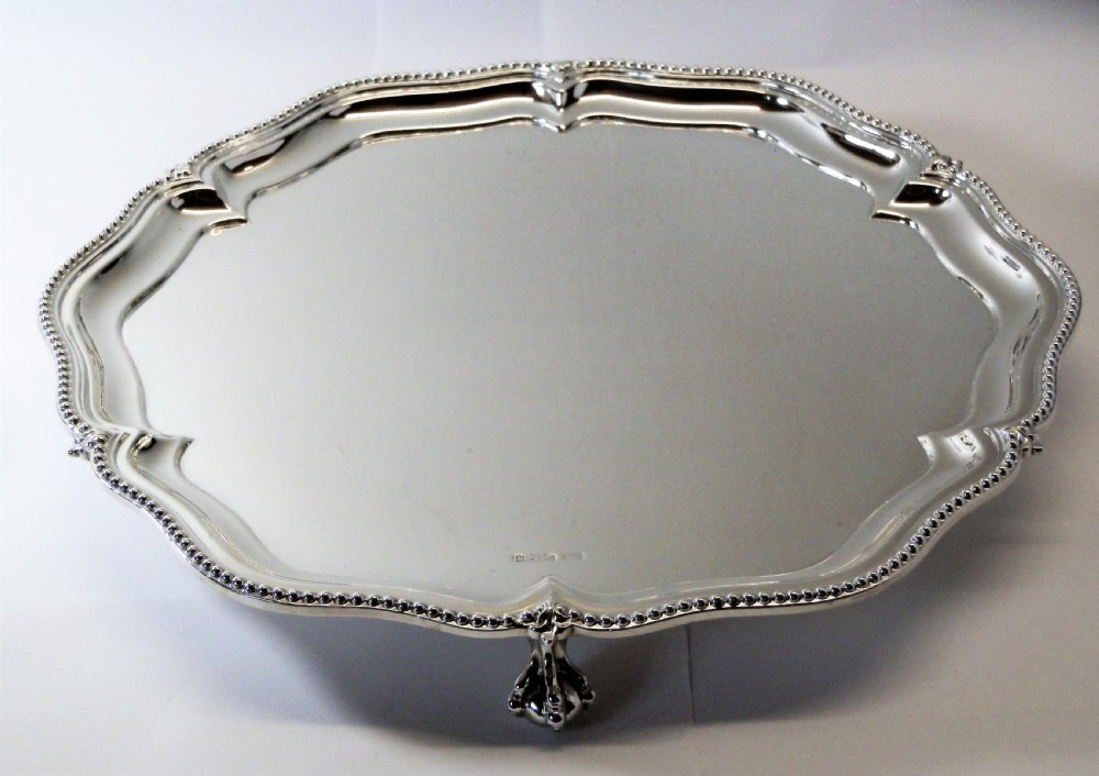 Edwardian large silver pie crust salver, Walker & Hall 1904 View II