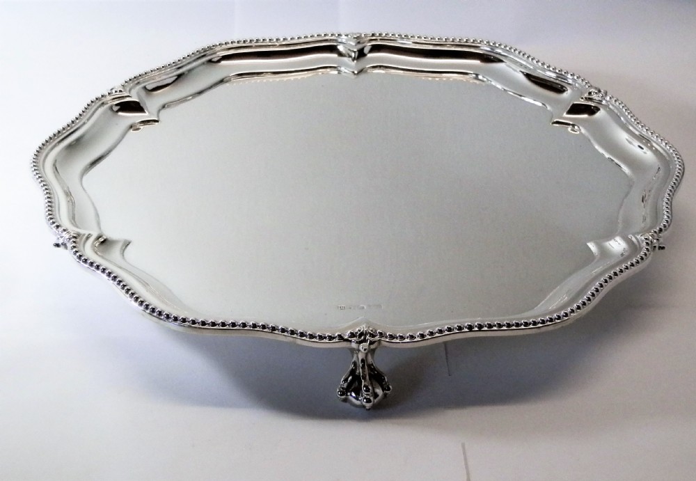 Edwardian large silver pie crust salver, Walker & Hall 1904 View III
