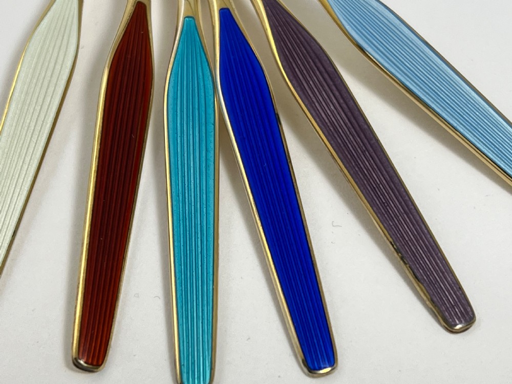 6 Norwegian silver gilt and enamel spoons,c 1970 View VI