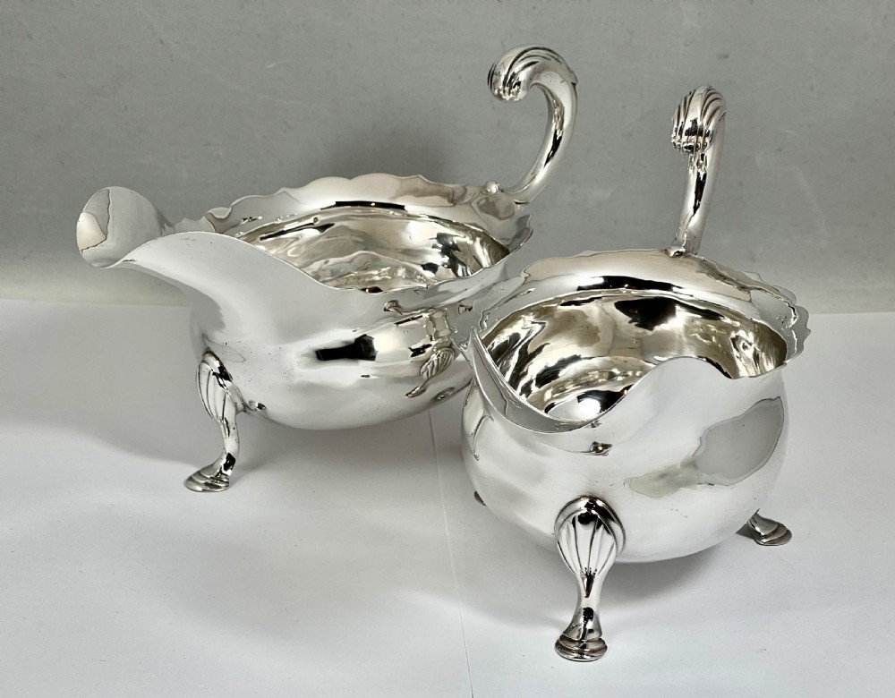 Antique George II pair of large silver sauce boats, London 1753 View II