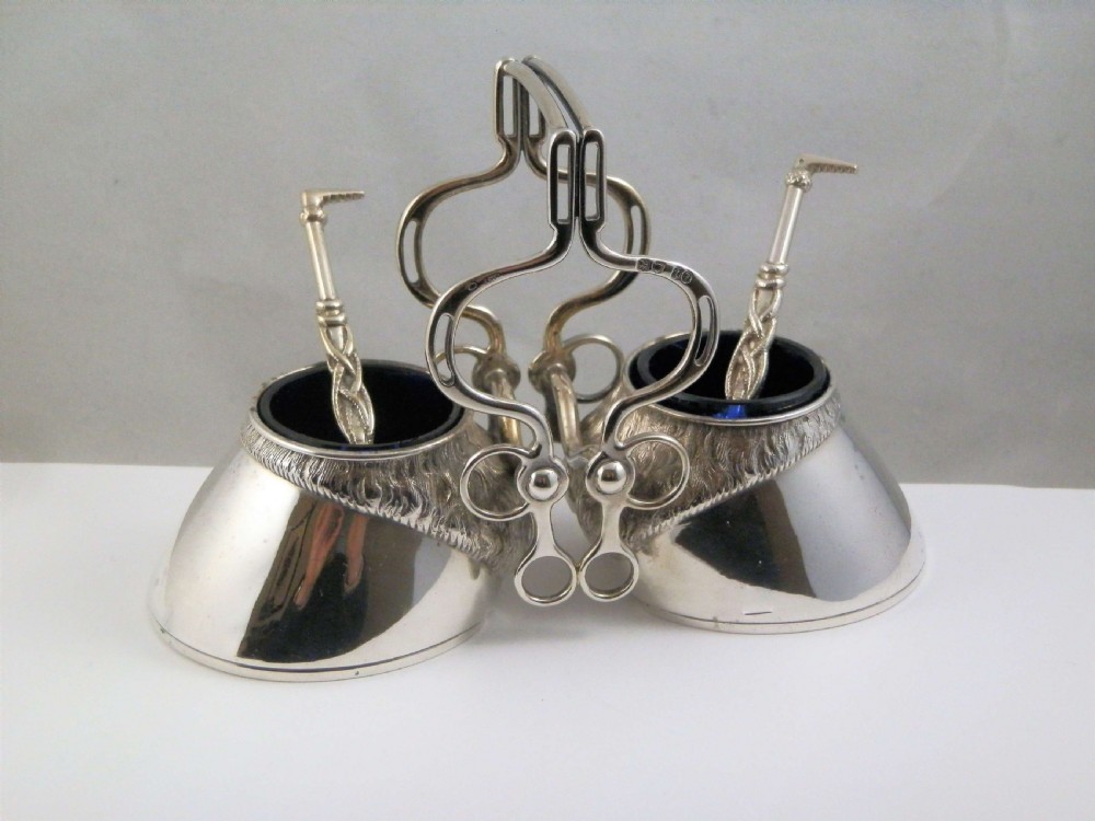 A Victorian antique double silver salt cellar with spoons, London 1874