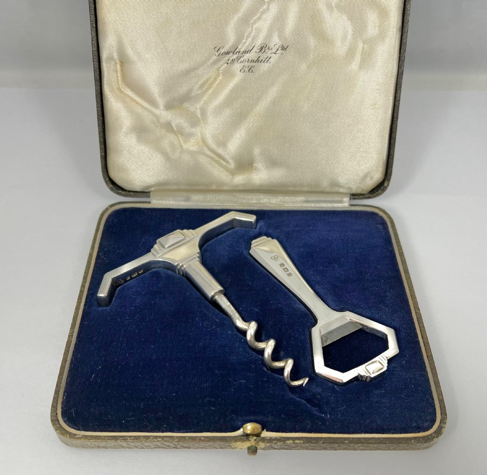 Art Deco silver antique cased corkscrew set, London 1938 View VII