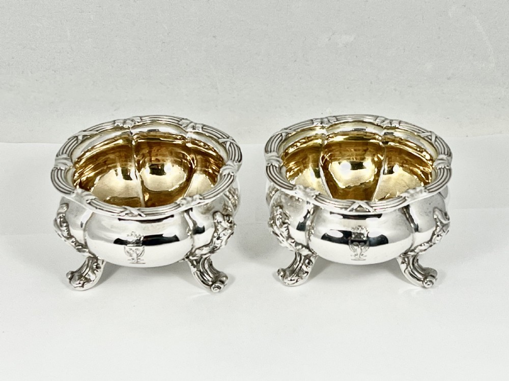 Victorian antique silver pair of heavy salt bowls, John Samuel Hunt 1850