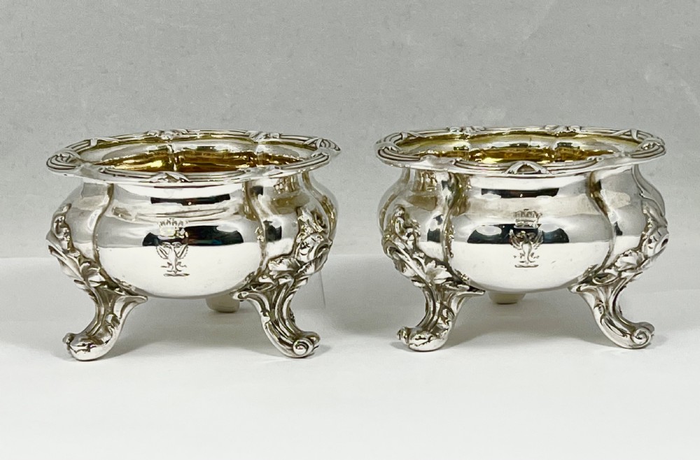 Victorian antique silver pair of heavy salt bowls, John Samuel Hunt 1850 View II
