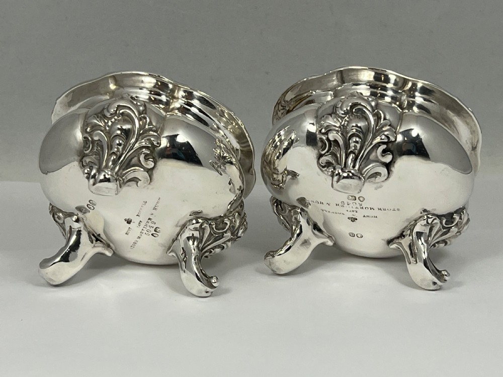 Victorian antique silver pair of heavy salt bowls, John Samuel Hunt 1850 View III