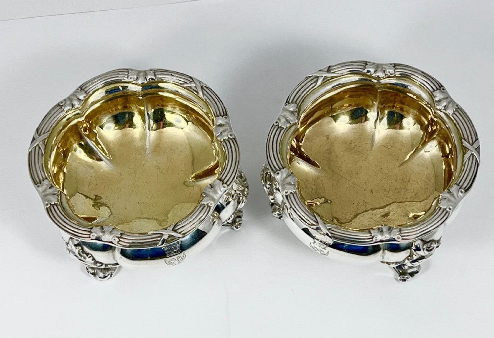 Victorian antique silver pair of heavy salt bowls, John Samuel Hunt 1850 View VIII