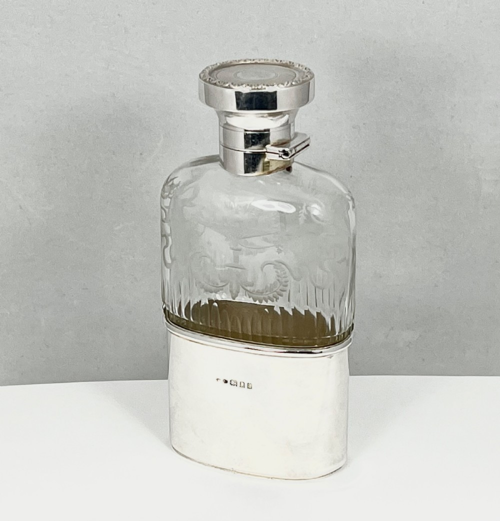 Edwardian antique silver & glass pocket flask, London 1905