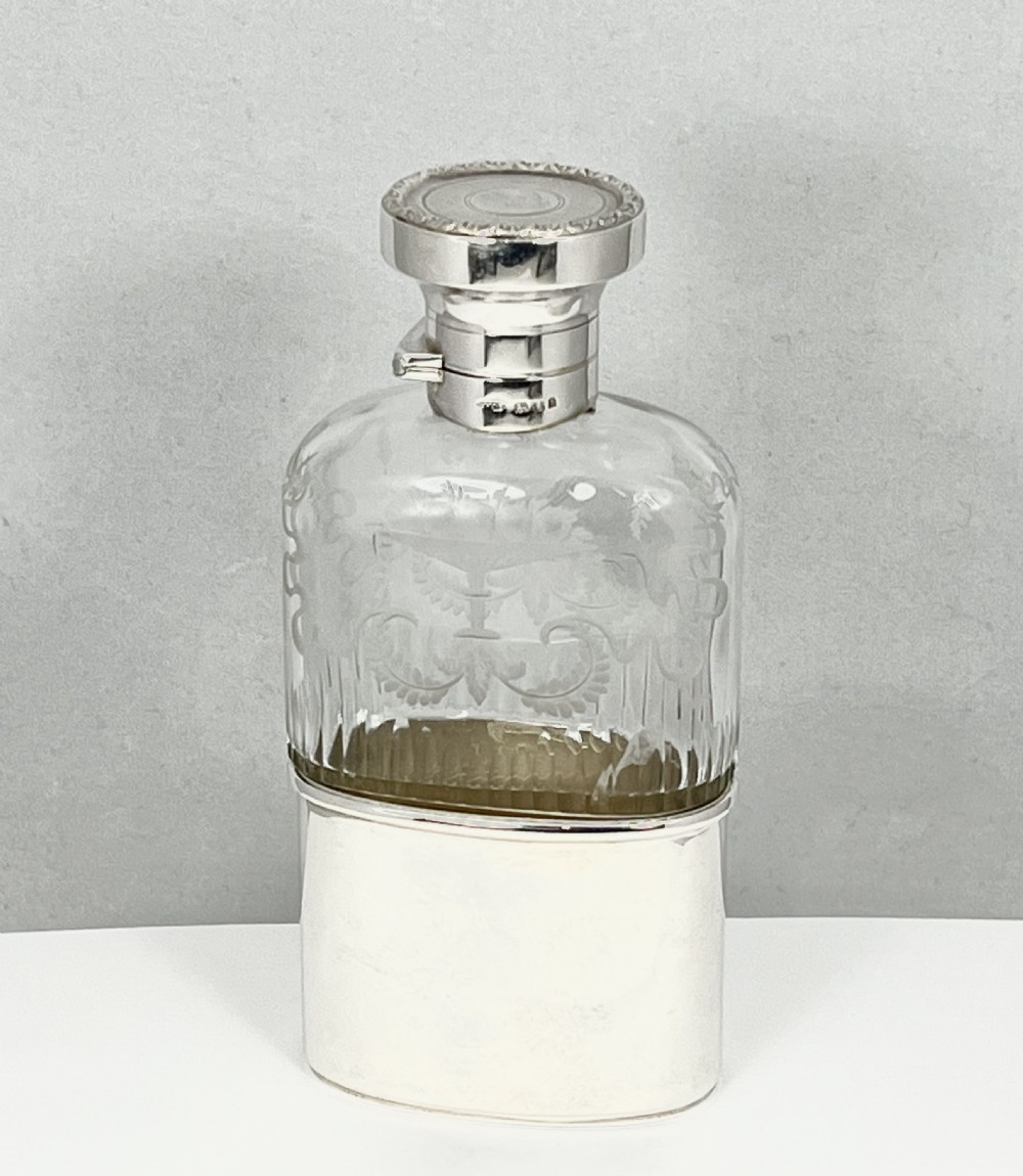 Edwardian antique silver & glass pocket flask, London 1905 View II