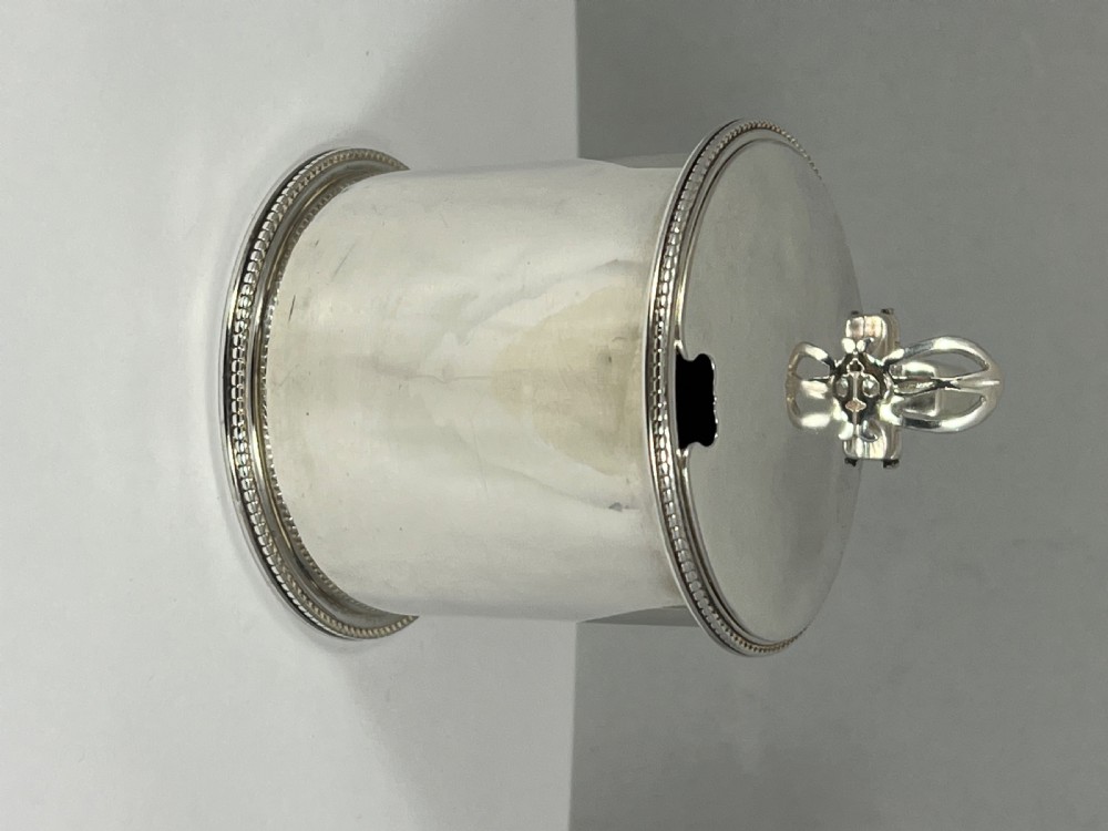 Victorian antique silver drum shaped mustard pot, London 1869 View II