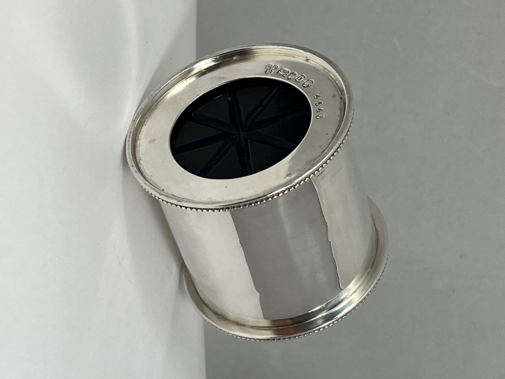 Victorian antique silver drum shaped mustard pot, London 1869 View III
