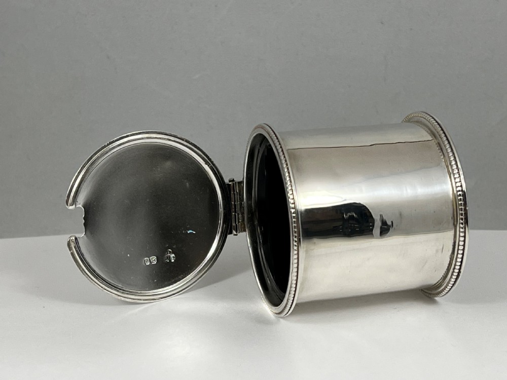 Victorian antique silver drum shaped mustard pot, London 1869 View VI