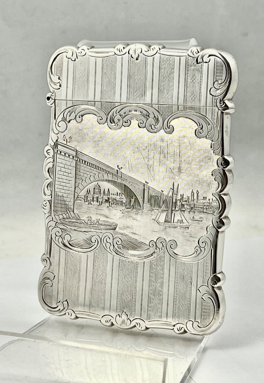 Victorian antique silver card case, London Bridge by Nathaniel Mills