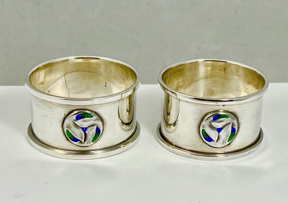 Art Nouveau silver and enamel pair of napkin rings by W.H.Haseler
