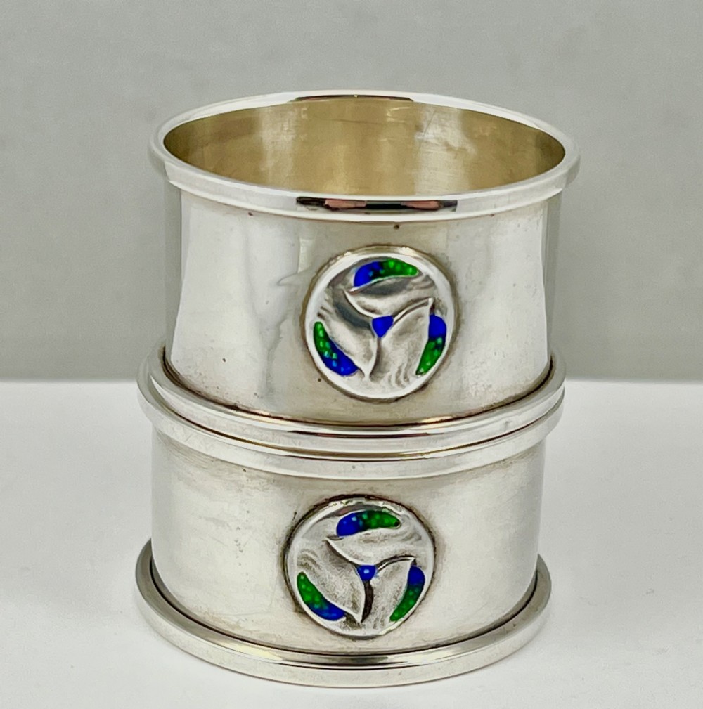 Art Nouveau silver and enamel pair of napkin rings by W.H.Haseler View III