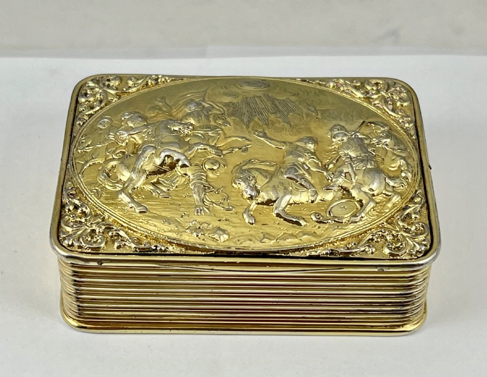 George III silver gilt antique table snuff box, Battle scene, London 1812