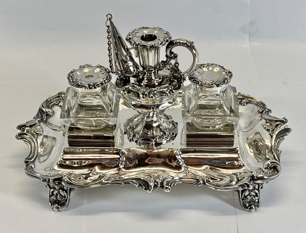 Victorian antique silver desk ink stand, Sheffield 1842