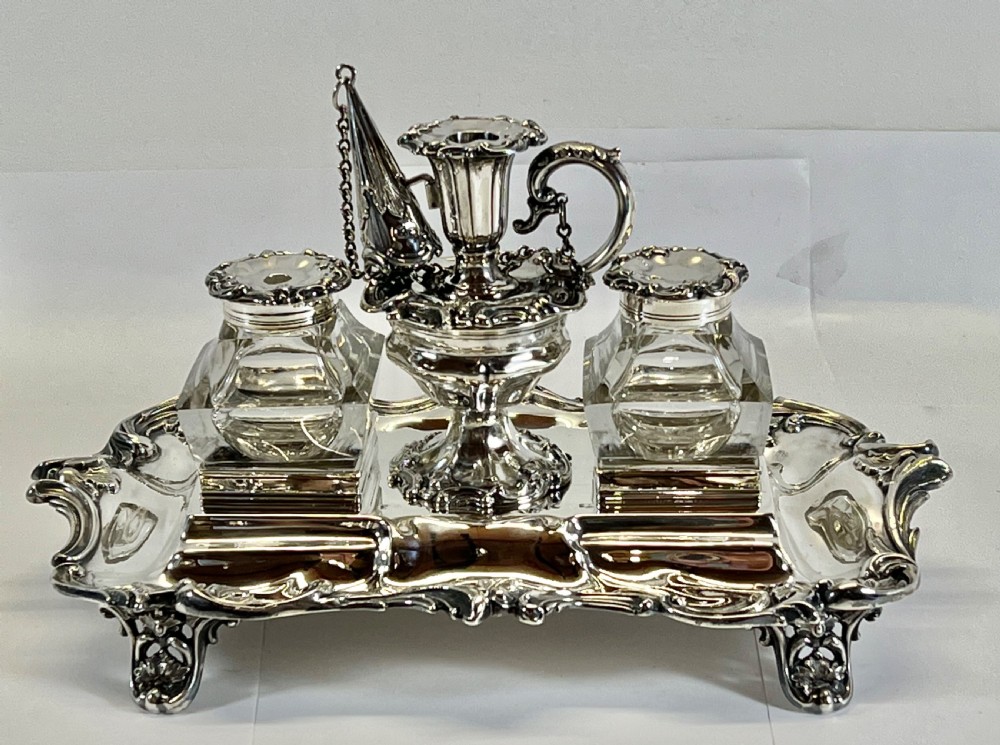 Victorian antique silver desk ink stand, Sheffield 1842 View II