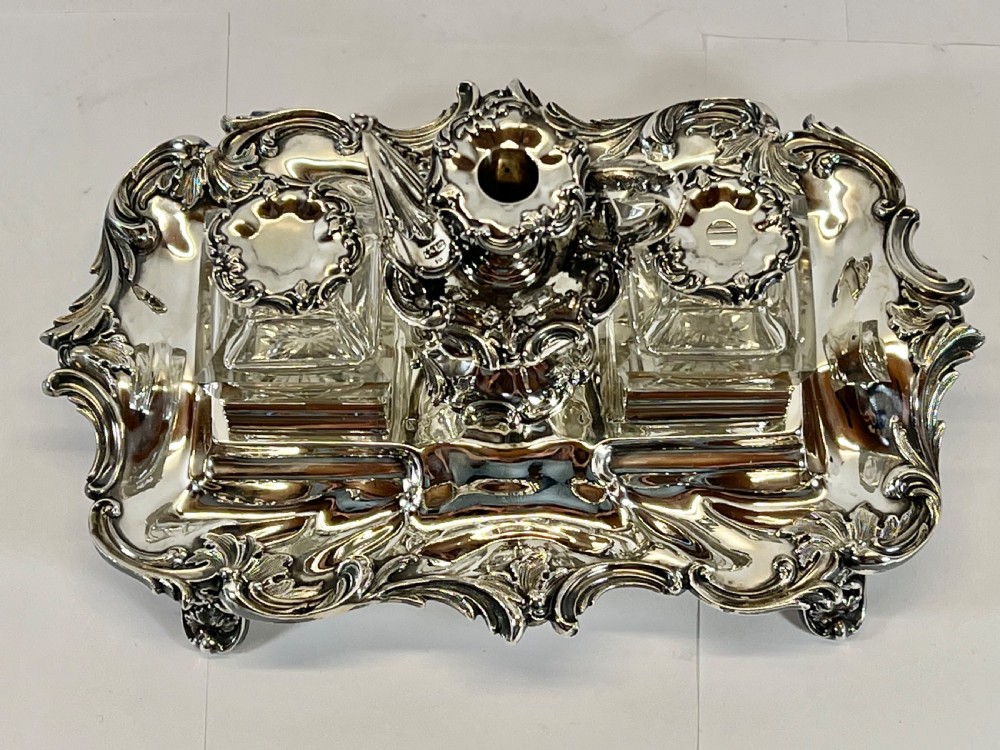 Victorian antique silver desk ink stand, Sheffield 1842 View VIII