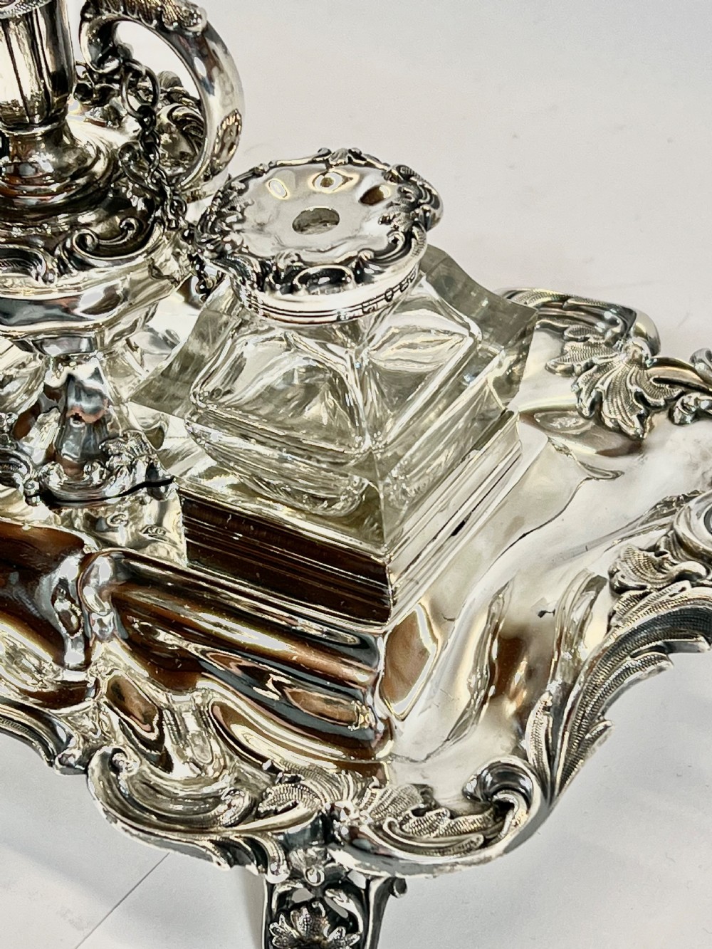 Victorian antique silver desk ink stand, Sheffield 1842 View IX