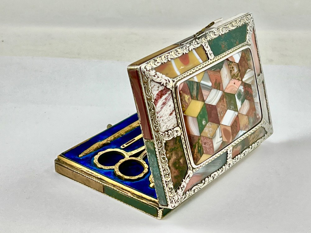 Scottish antique Victorian silver and agate sewing case, c.1860