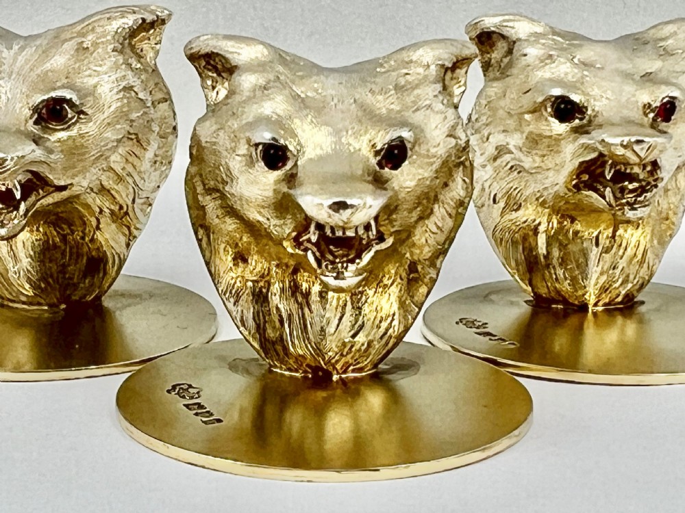 George V 4 antique silver gilt fox head menu holders, London 1912 View II
