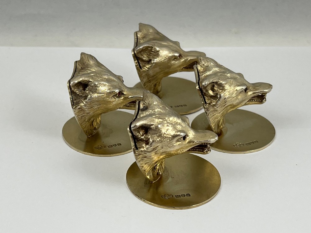George V 4 antique silver gilt fox head menu holders, London 1912 View VI
