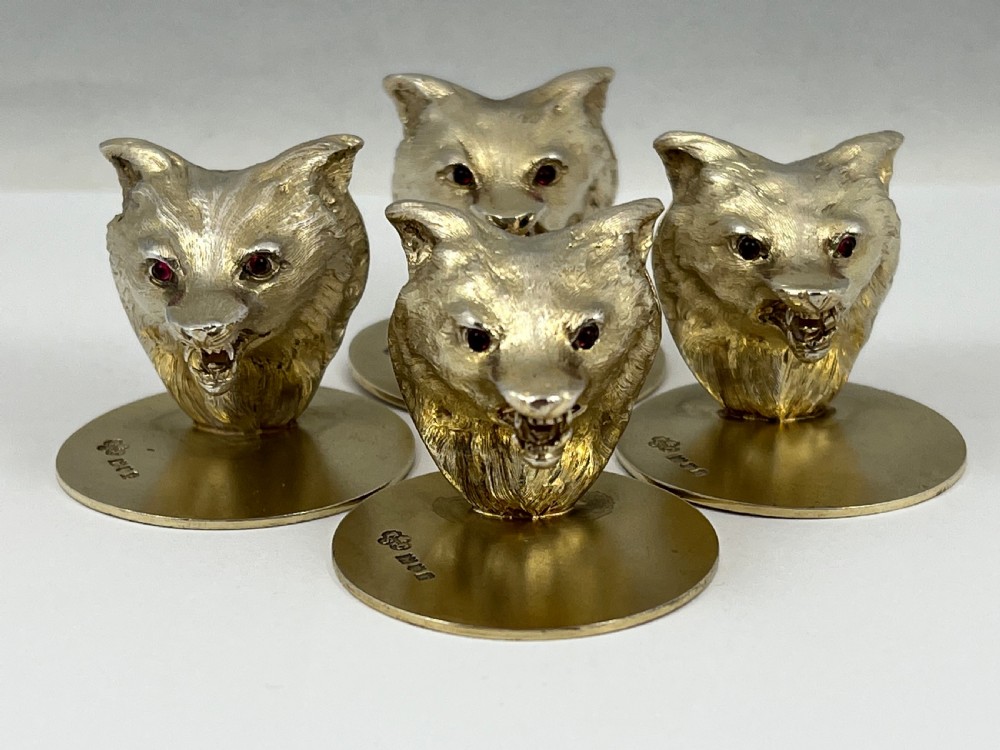 George V 4 antique silver gilt fox head menu holders, London 1912 View VII