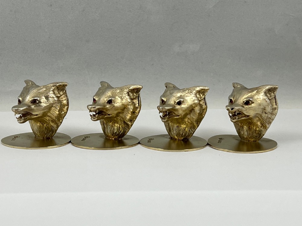 George V 4 antique silver gilt fox head menu holders, London 1912 View VIII