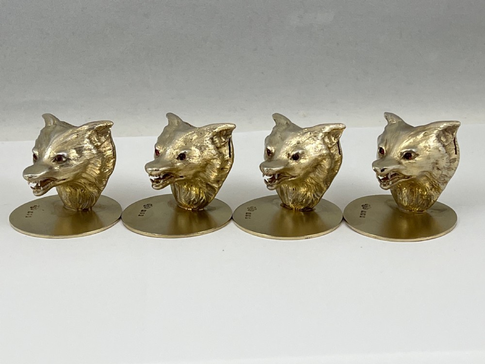 George V 4 antique silver gilt fox head menu holders, London 1912 View IX