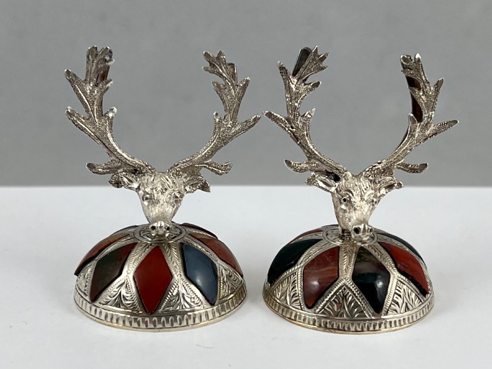Victorian Scottish antique silver and agate stag menu holders. c.1880