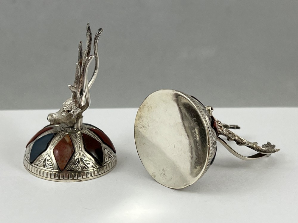 Victorian Scottish antique silver and agate stag menu holders. c.1880 View II