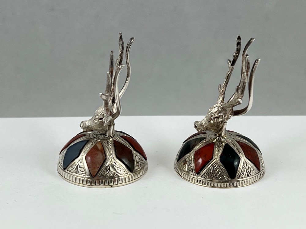 Victorian Scottish antique silver and agate stag menu holders. c.1880 View III