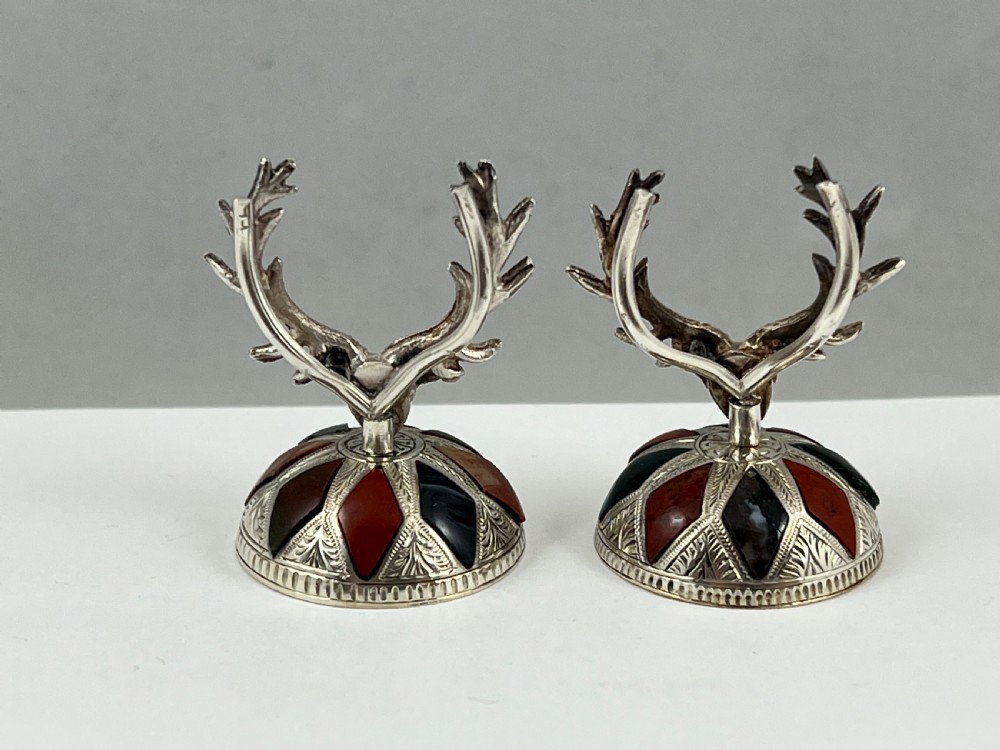Victorian Scottish antique silver and agate stag menu holders. c.1880 View IV